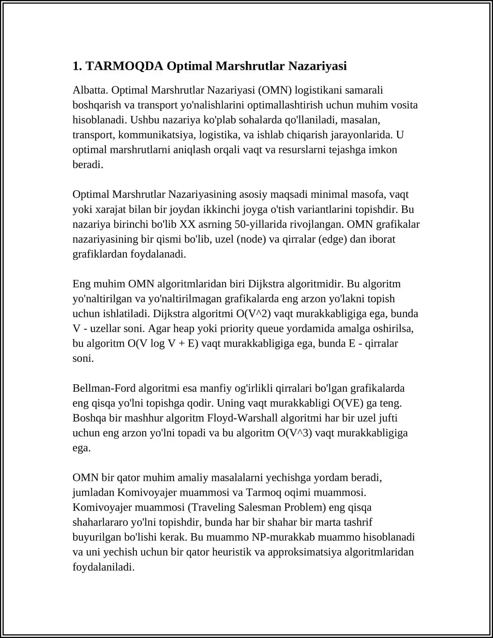 TARMOQDA OPTIMAL MARSHRUTNI TNI TOPISH 3