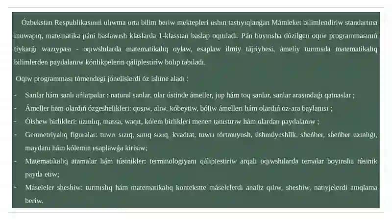 Baslawısh klaslarda matematikadan bilim, kónlikpelerdi sınaw formaları hám usılları 3