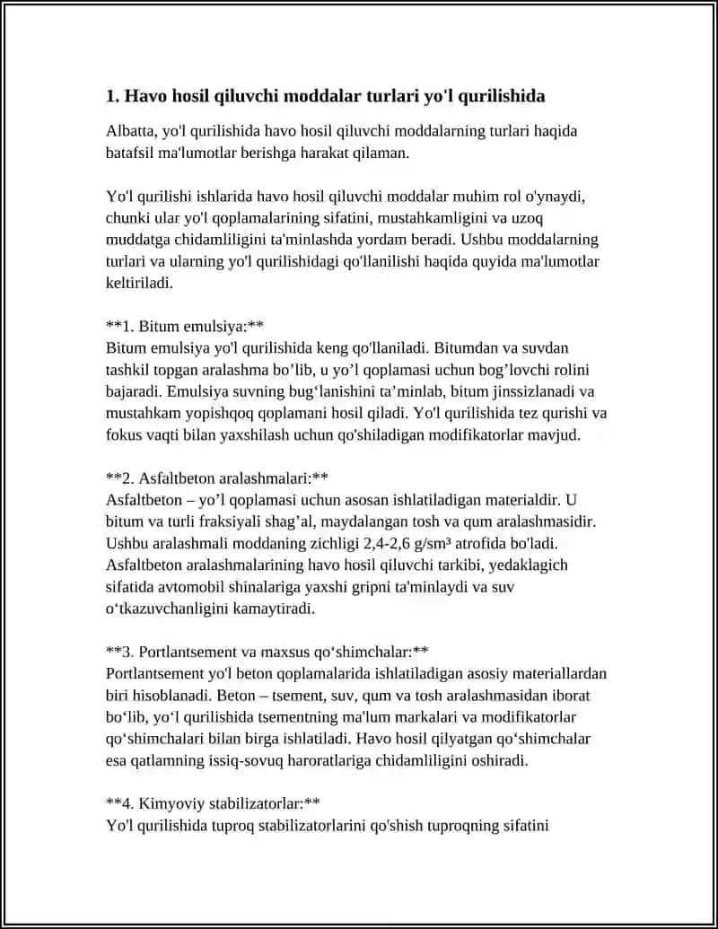 Yo'l qurilishida qo'llaniladigan havo hosil qiluvchi moddalar 3