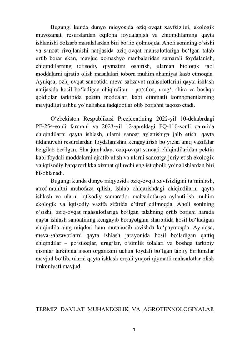 Oziq-ovqat sanoati chiqindilaridagi pektin moddalarini tahlil qilish 3