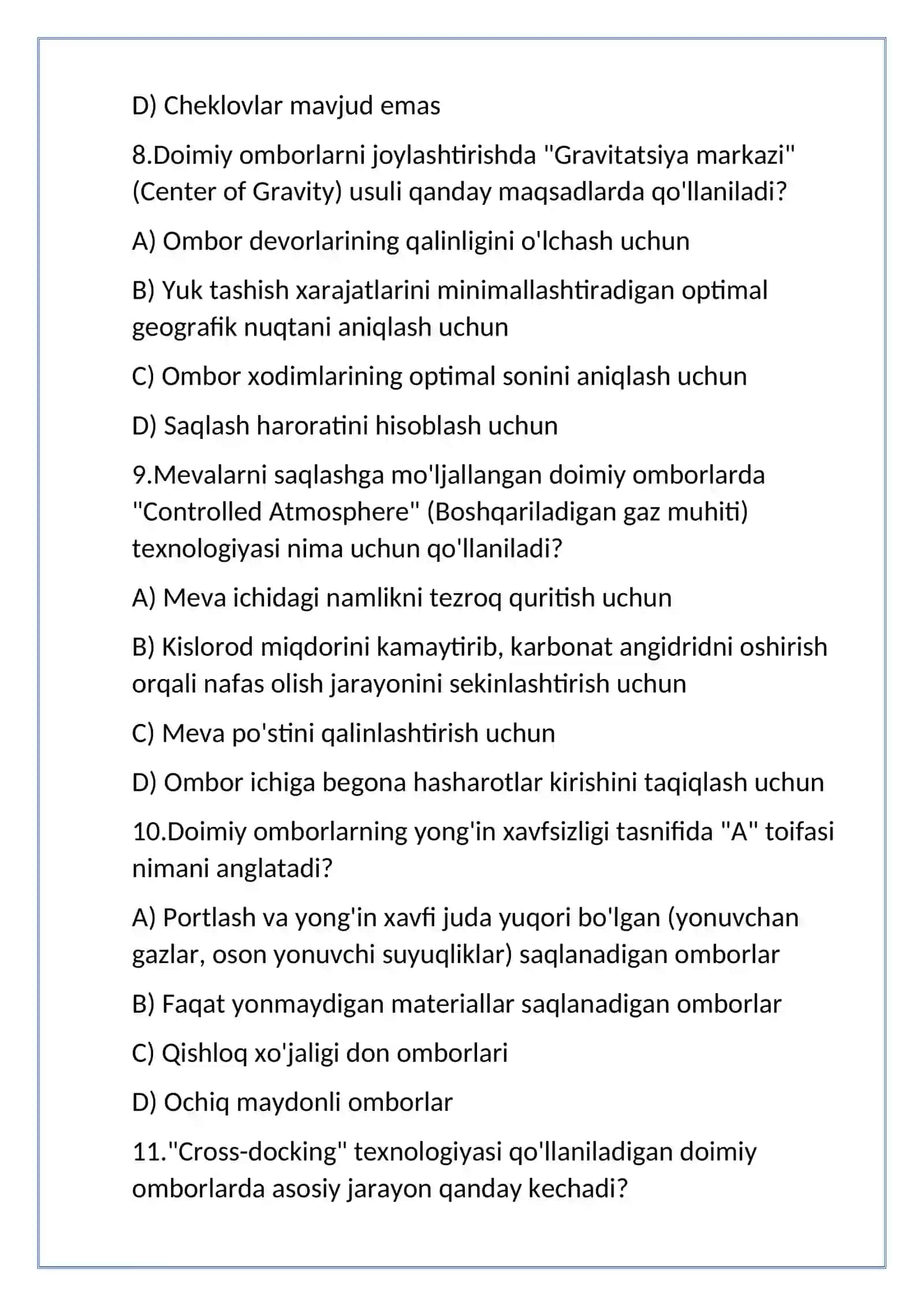doimiy ombor turlari test 50 ta 3