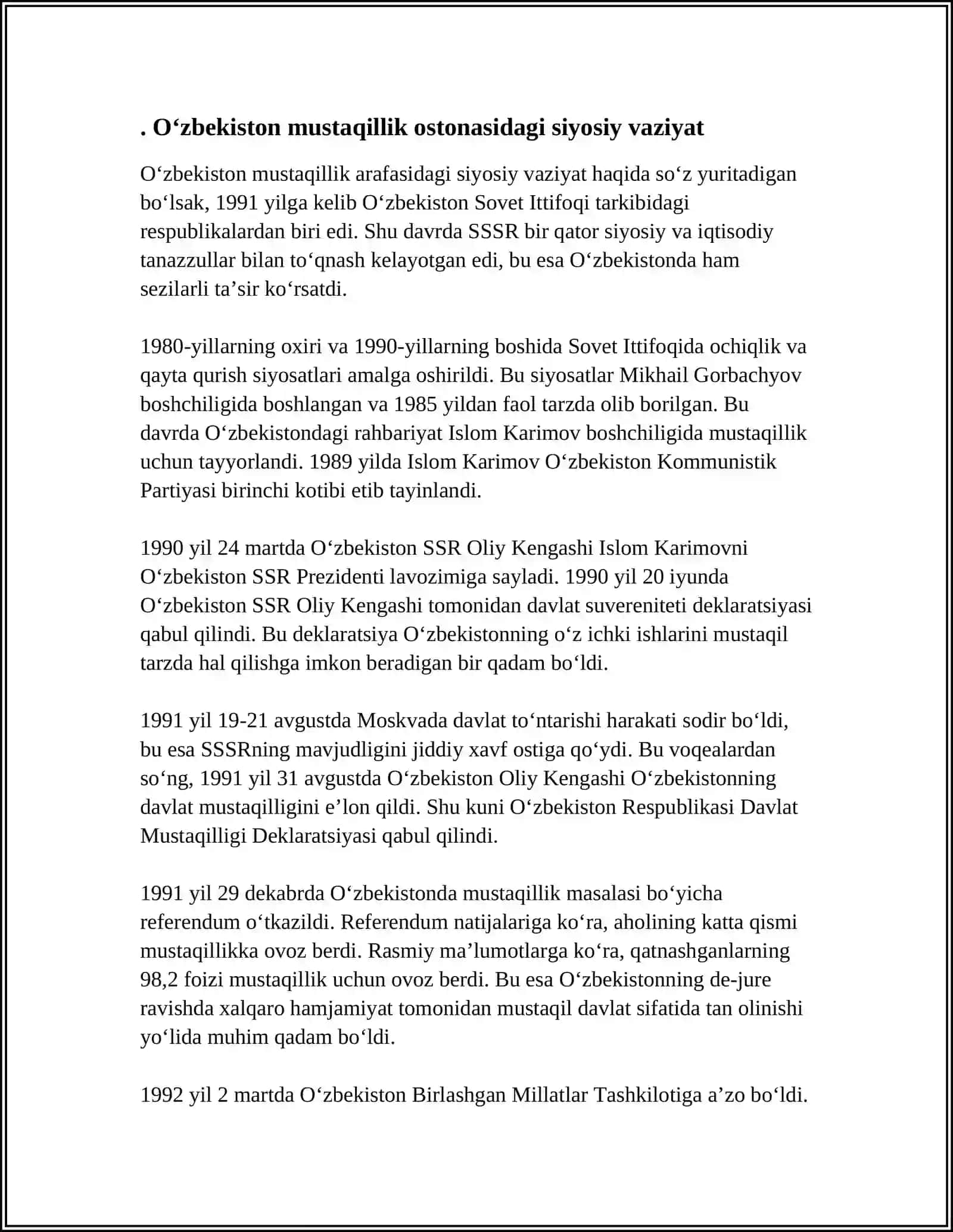 I.KARIMOVNING ''O'ZBEKISTON MUSTAQILLIKKA ERISHISH OSTONASIDA'' ASARINING MAZMUN MOHIYATI 3