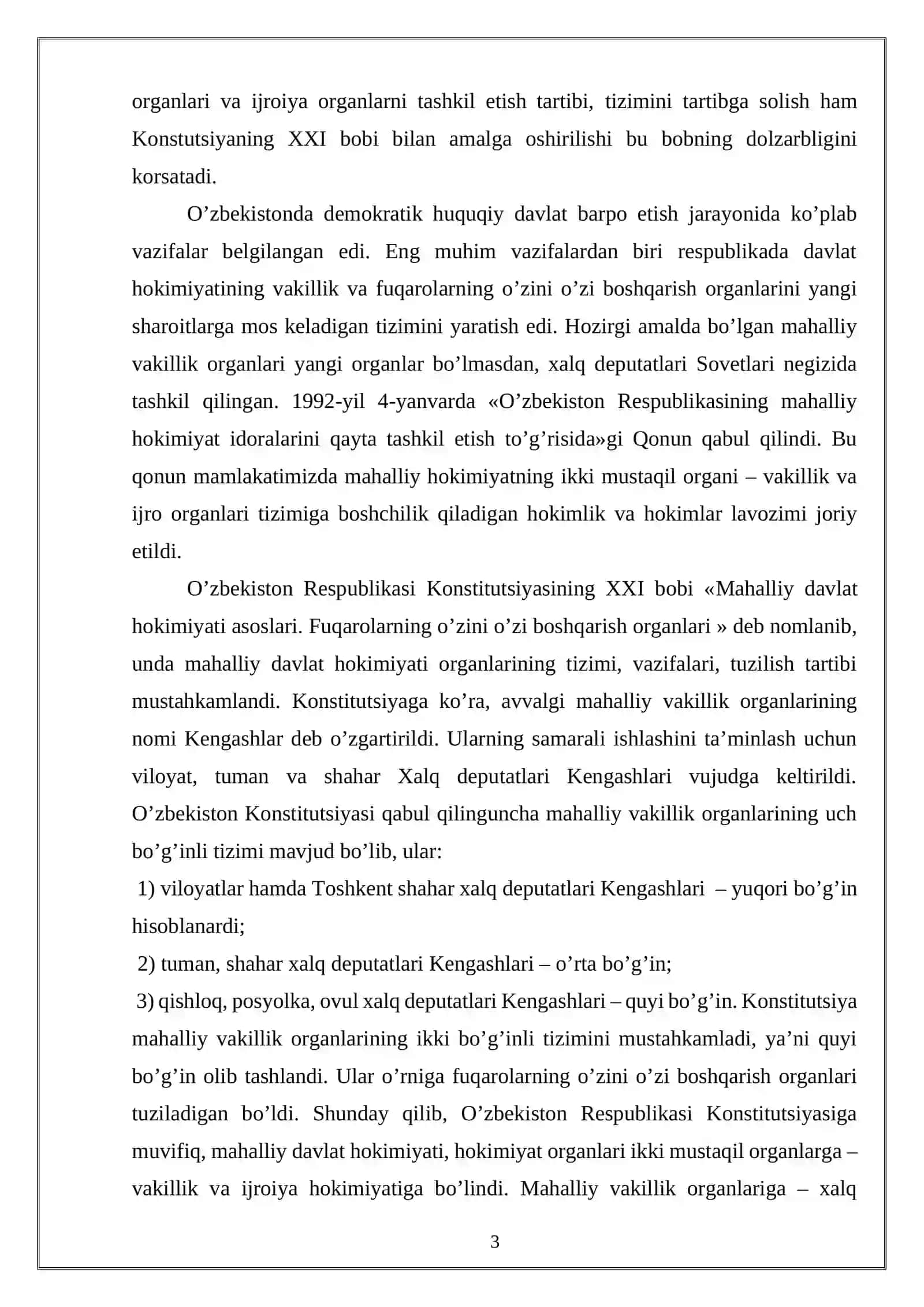 “MAHALLIY DAVLAT HOKIMIYATI ASOSLARI. FUQAROLARNING O’ZINI-O’ZI BOSHQARISH ORGANLARI” MAVZUSIDAGI KURS ISHI 3