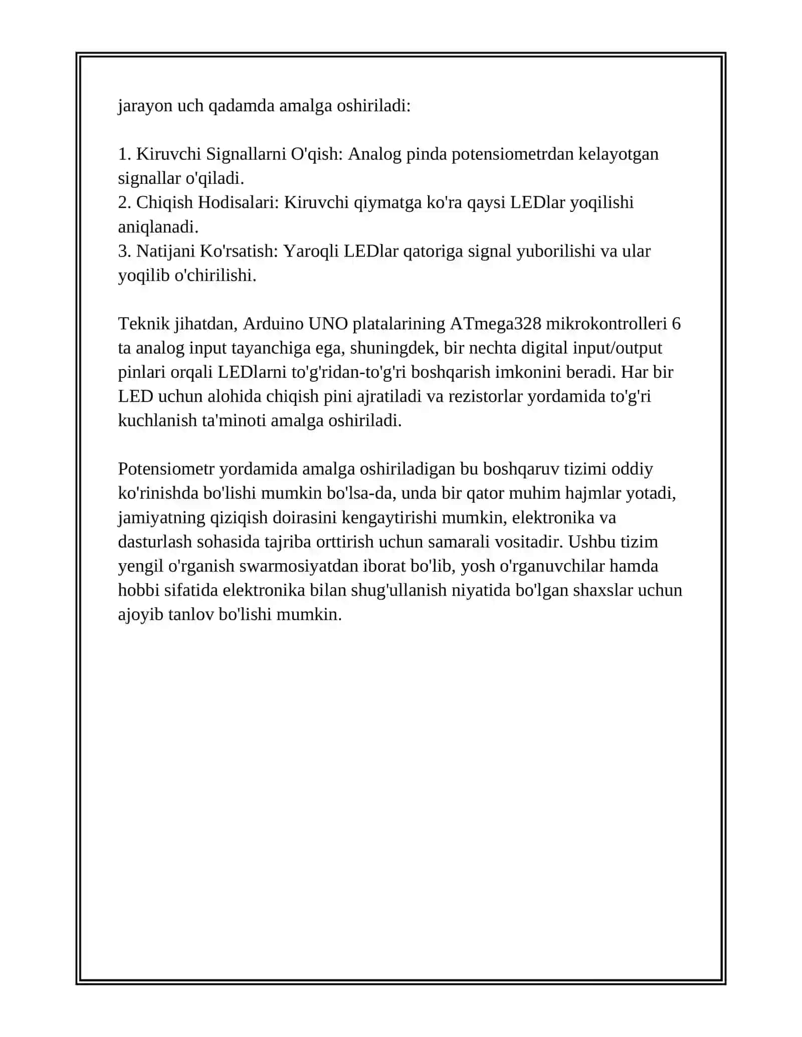 POTENSIOMETRNI XARAKATLANTIRISH ORQALI YONAYOTGAN YORUG‘LIK DIODININGSONINI O‘ZGARTIRISH (ARDUINODA) 3
