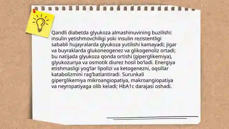 Qandli diabetda karbonsuvlar, yogʻlar va oqsillar almashinuvining buzilishi 3