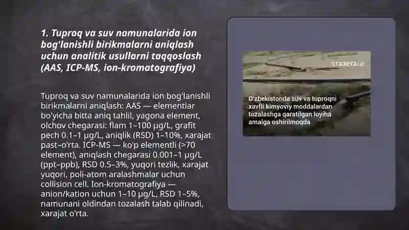 Tuproq va suvning ifloslanishida ion bog'lanishli birikmalarni aniqlab, ulardan tozalash usulini ishlab chiqish 3