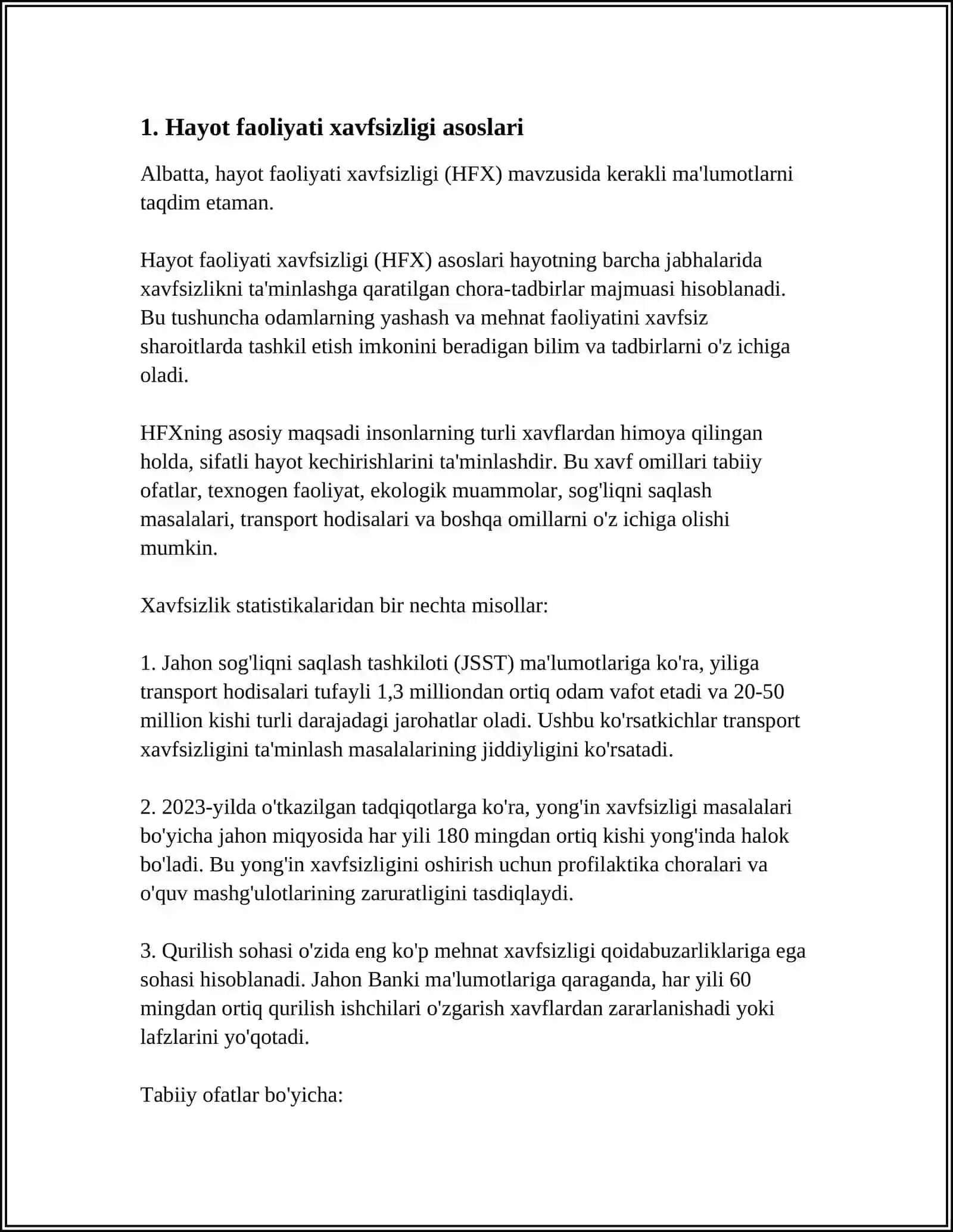 MUSTAQIL ISH Mavzu: HAYOT FAOLIYATI XAVFSIZLIGI KABINETI 3