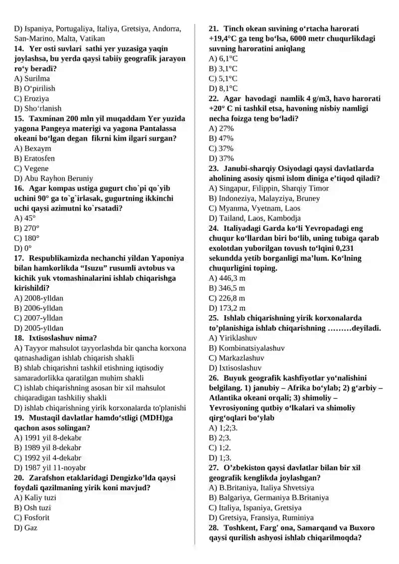Test toʻplami Geografiyaning Tabiiy Ijtimoiy Iqtisodiy Siyosiy yoʻnalishiga oid 3