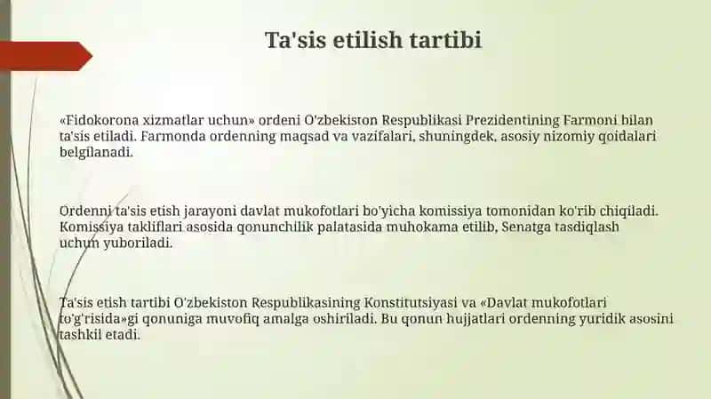 "Fidokorona xizmatlar uchun" ordeni to'g'risidagi Nizom 3