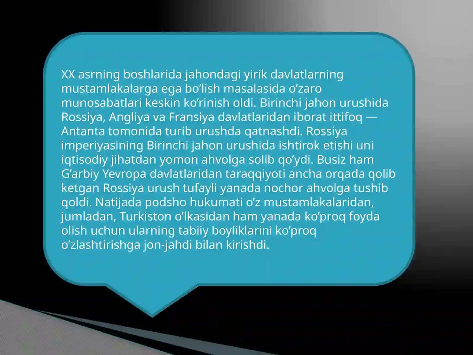 Birinchi jahon urushini Turkiston o’lkasiga tasiri.1916-yil milliy ozodlik harakati. 3