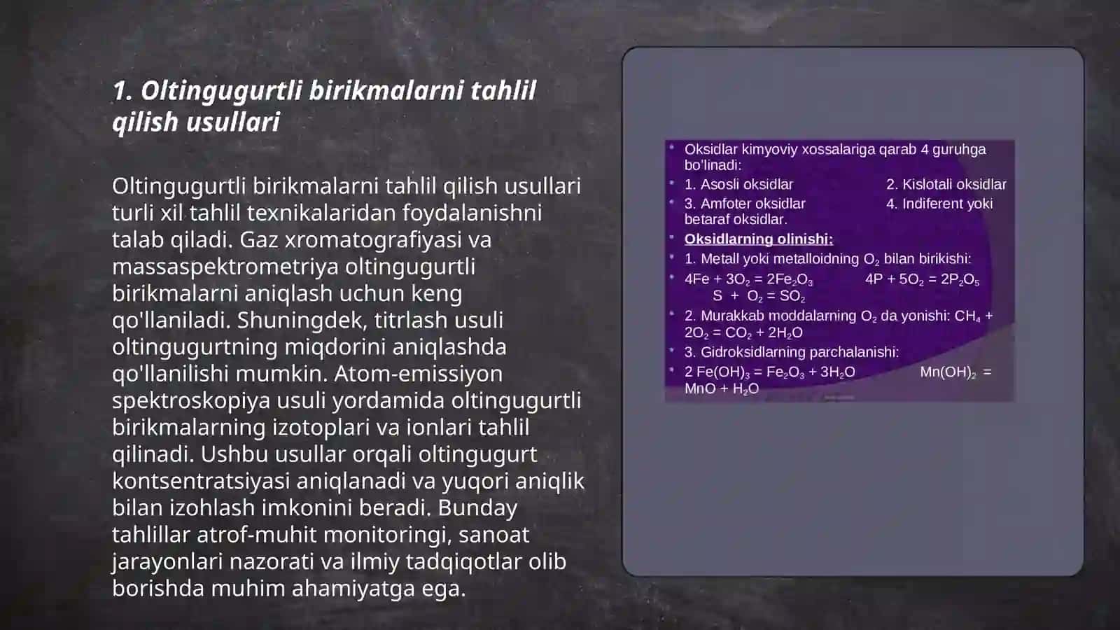 Oltingugurtli birikmalar va ularga oʻxshashlar sinfi minerallarini aniqlash va oʻrganish 3