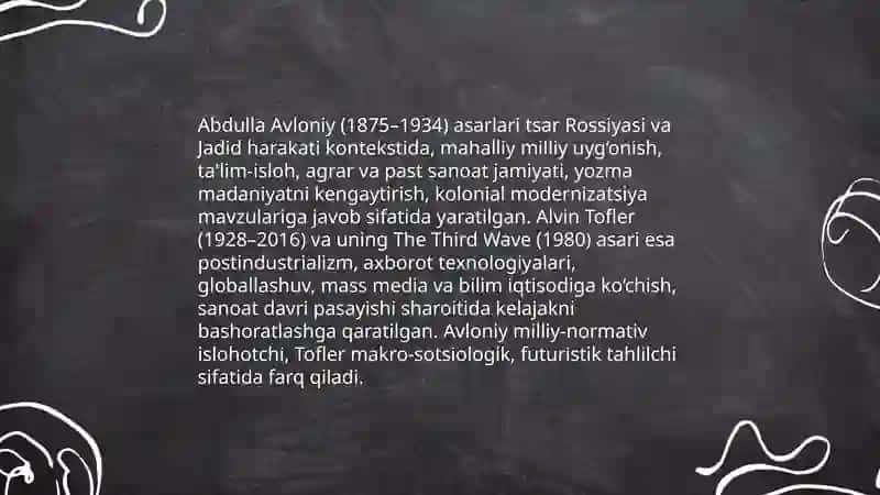 Avloniyning’’Madaniyat to’lqinlari maqolasi Va E tofflerning’’uchinchi to’lqin’’ asarini qiyosiy tahlil etish 3