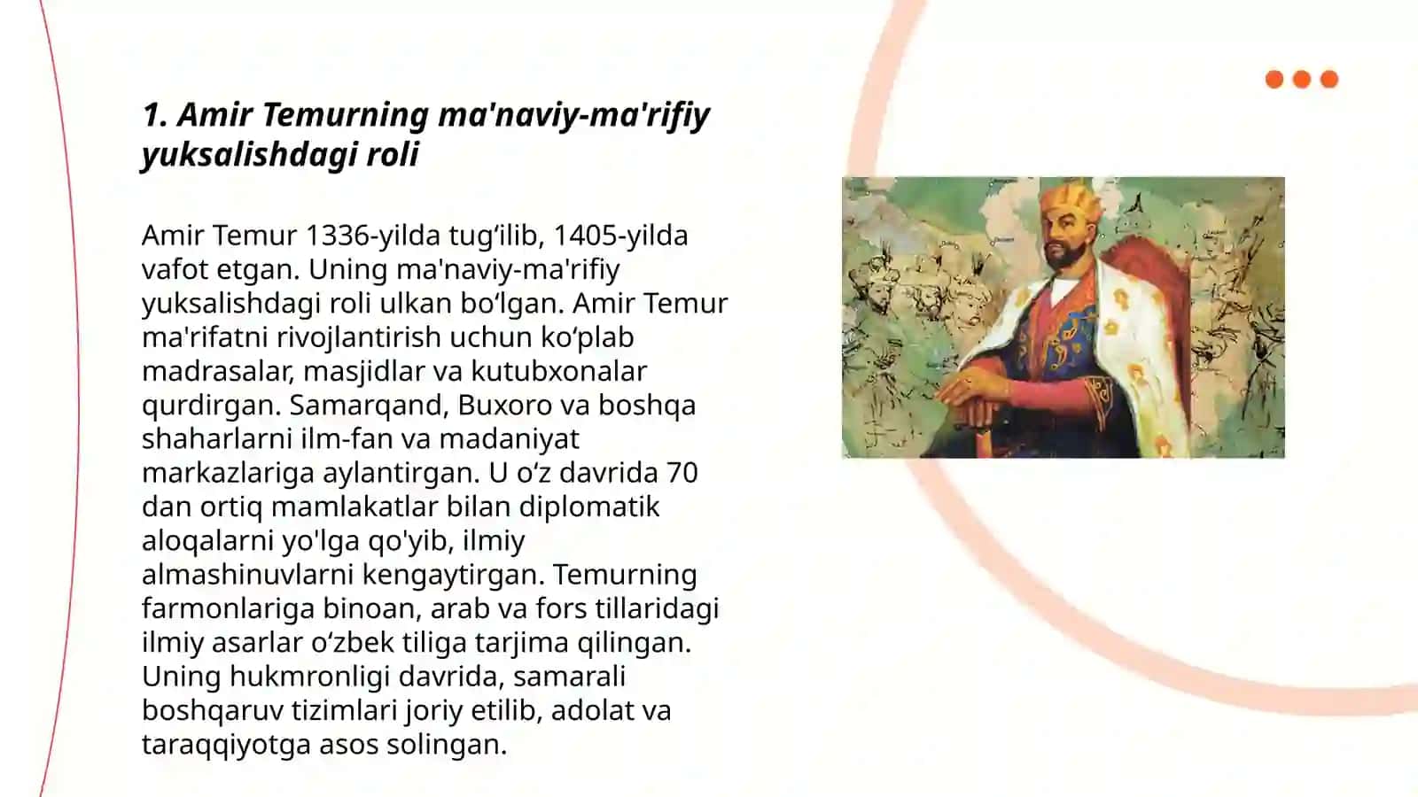 Amir Temurning ma'naviy-ma'rifiy yuksalishdagi roli 3
