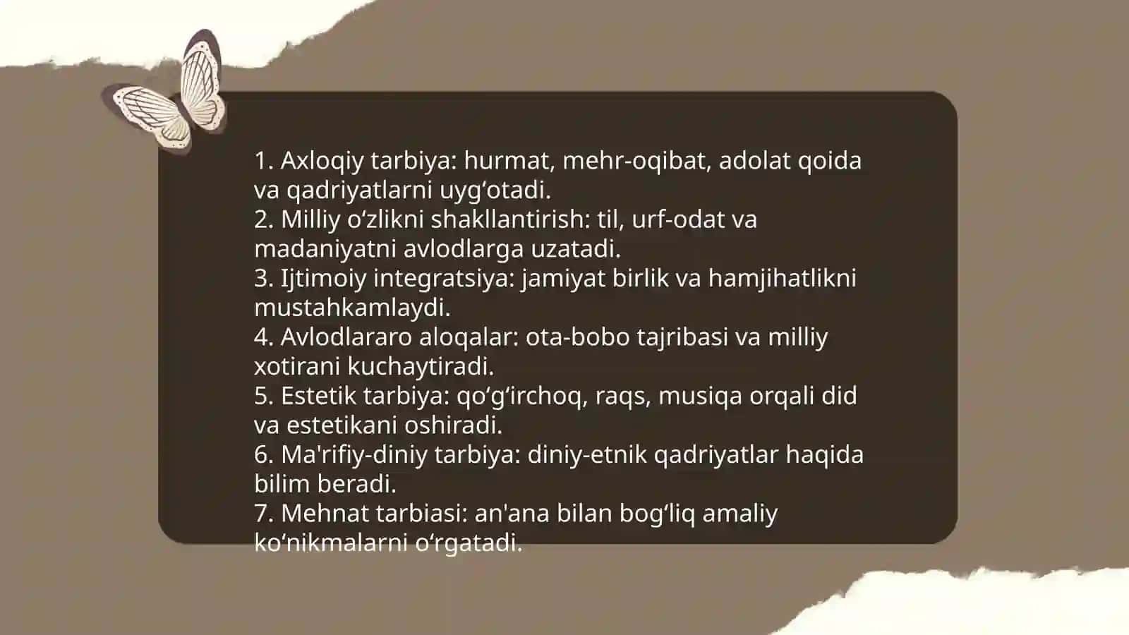 Xalq pedagogikasiga bayramlarning tarbiya vositasi sifatidagi oʻrni.Xalq pedagogikasida milliy an'ana va udumlar 3