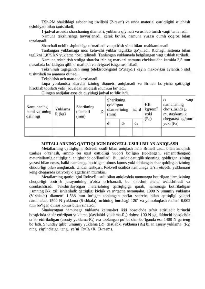 METALLLARNING QATTIQLIGINI BRINELL VA ROKVELL USULLARI BILAN ANIQLASh 3