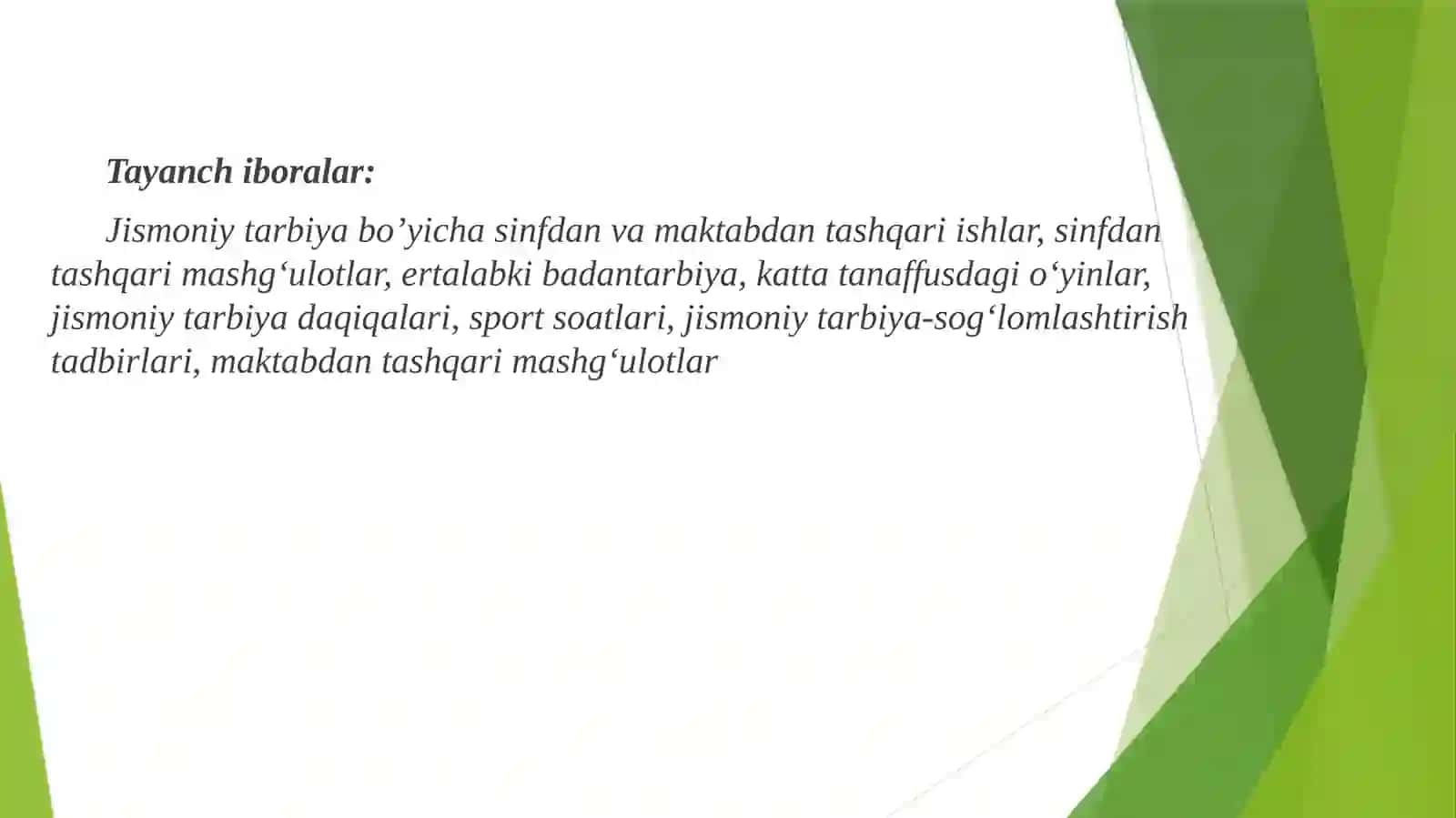 SINFDANTASHQARI OLIB BORILADIGAN JISMONIY TARBIYA ISHLARIGA TAVSIF 3