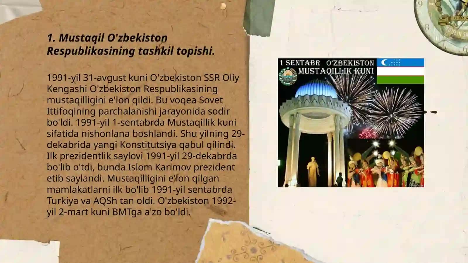 Mustaqil O'zbekiston Respublikasi tashkil topishining tarixiy axamiyati O'zbekistonning o'ziga xos istiqlol va taraqqiyot yo'li 3