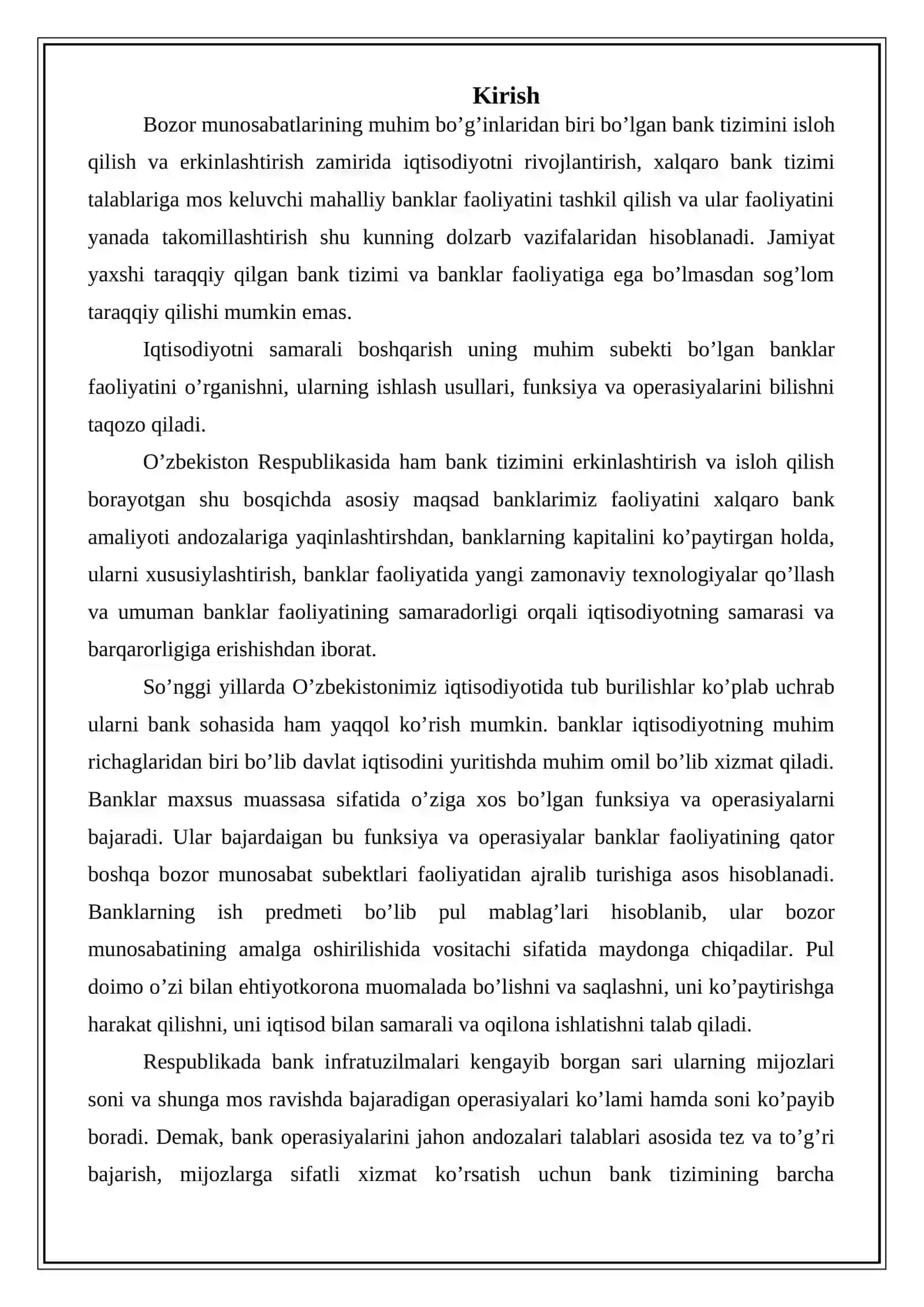 “BANK ISHI” BAKALAVRIAT TA’LIM YO’NALISHI BO’YICHA  TANISHUV AMALIYOT 3