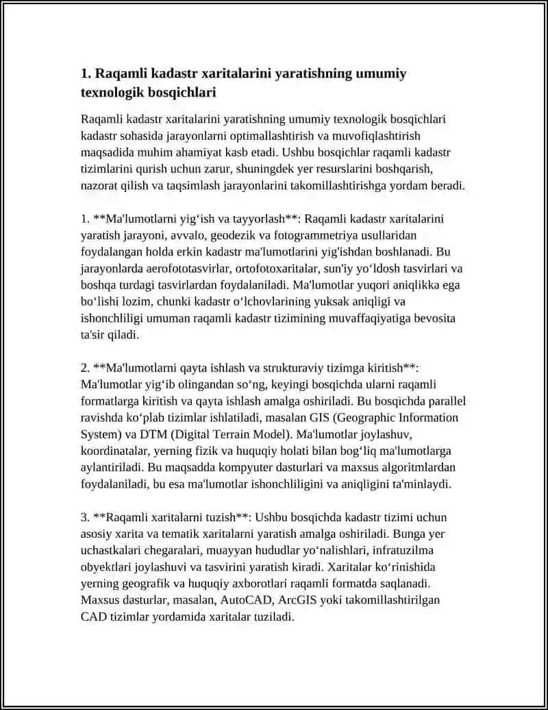 RAQAMLI KADASTR XARITALARINI TUZISHNING ASOSIY TEXNOLOGIK JARAYONLARI, ULARNING MAZMUNI VA XUSUSIYATLARI 3