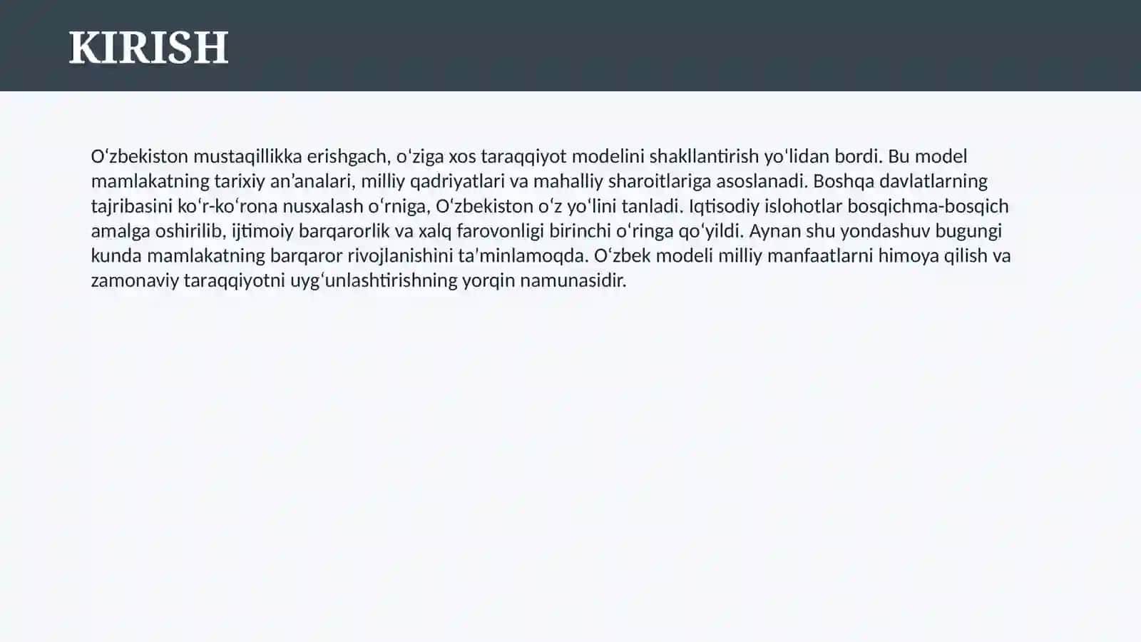 O’ZBEKISTONNING O’Z ISTIQLOL VA TARAQQIYOT YO’LI TARAQQIYOTNING O’ZBEK MODELI 3