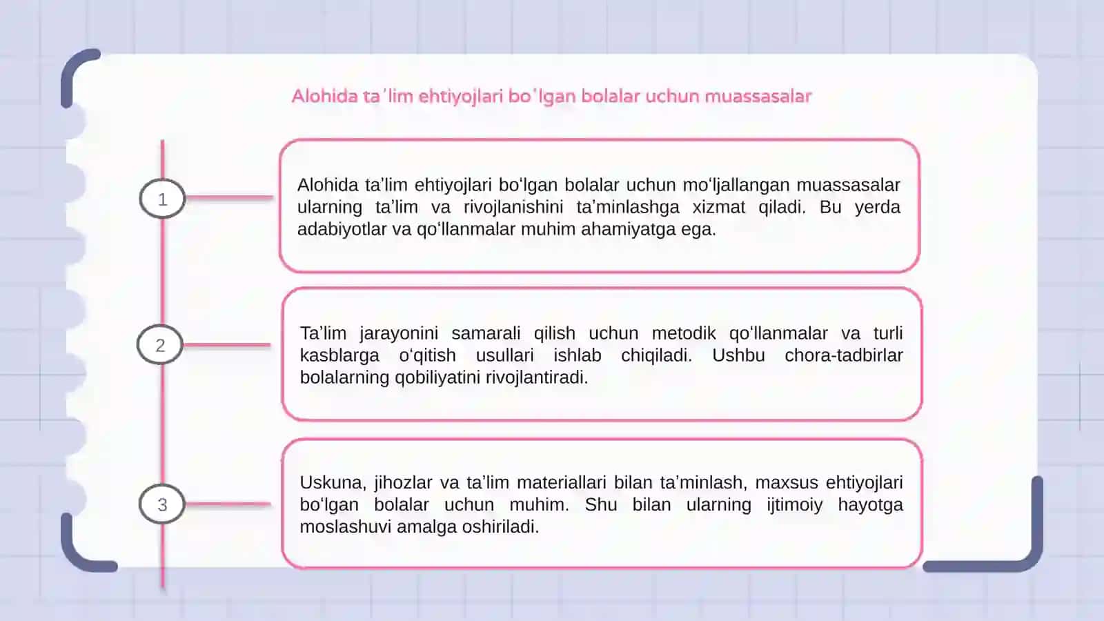 Alohida taʼlim ehtiyojlari boʻlgan bolalar oʻqitiladigan taʼlim muassasalari zarur adabiyotlar metodik qoʻllanmalar 3