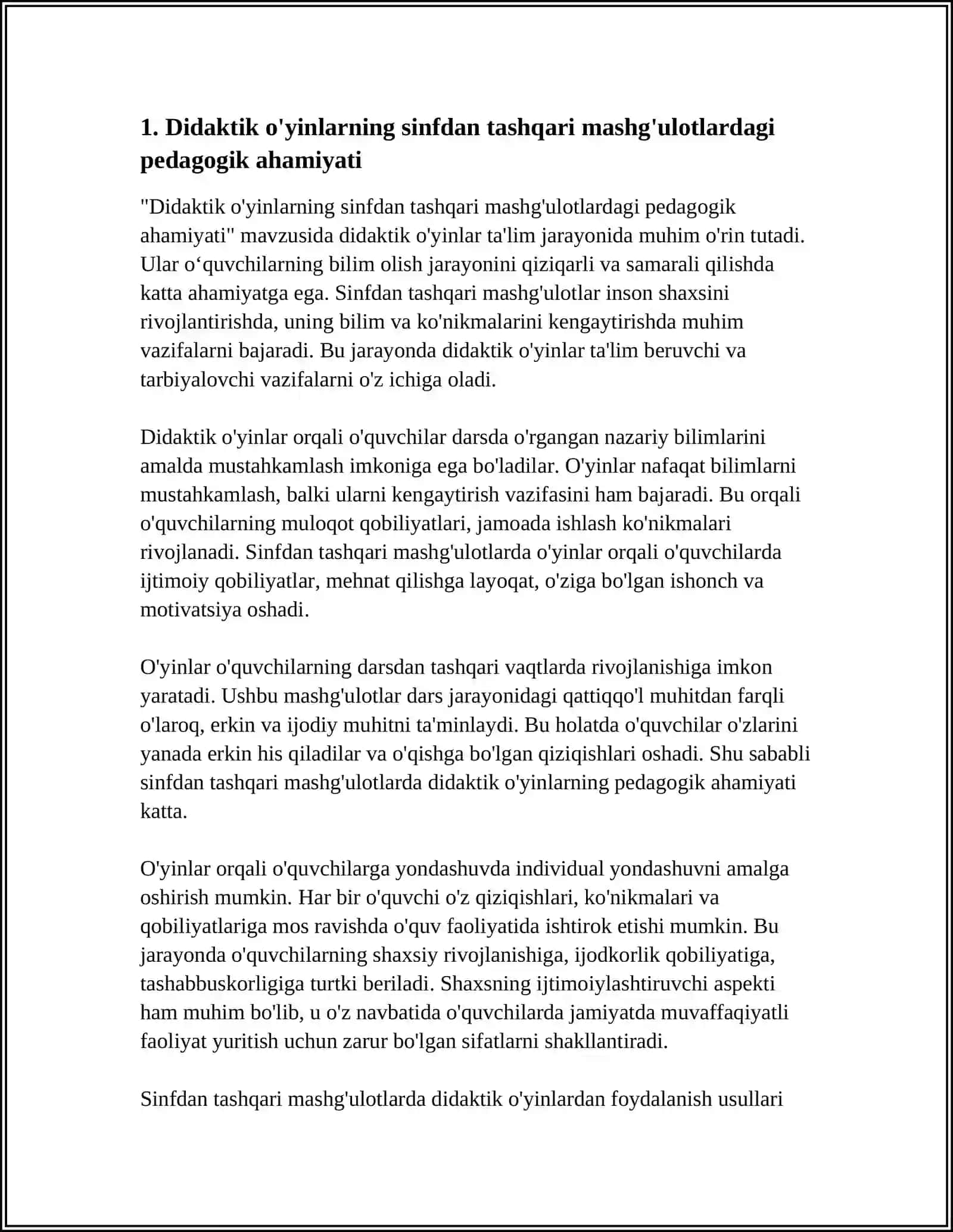 SINFDAN TASHQARI MASHG'ULOTLARDA DIDAKTIK O'YINLARNING AHAMIYATI, MAZMUNI ULARDAN FOYDALANISH USULLARI 3