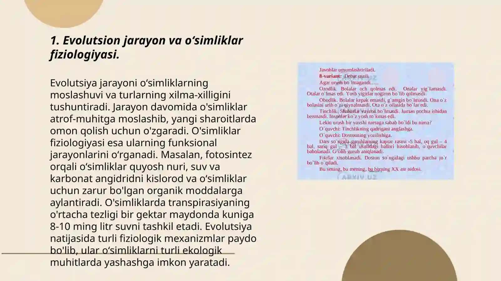 Evolutsion taʼlimotning oʻsimliklar va hayvonlar fiziologiyasiga tatbiq etilishini oʻrganish 3