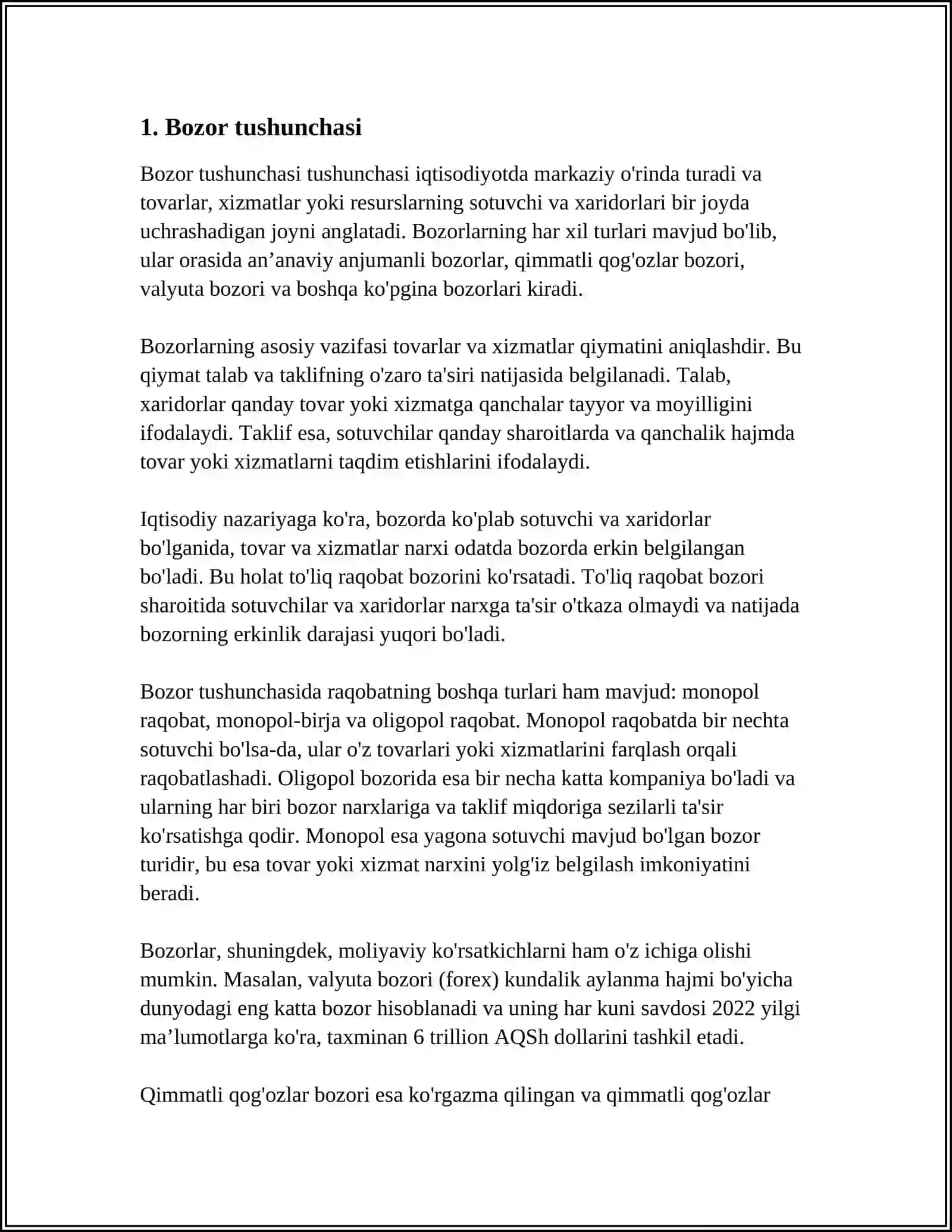 MUSTAQIL ISH Mavzu: BOZOR TUSHUNCHASI VA UNING IQTISODIY MOHIYATI 3