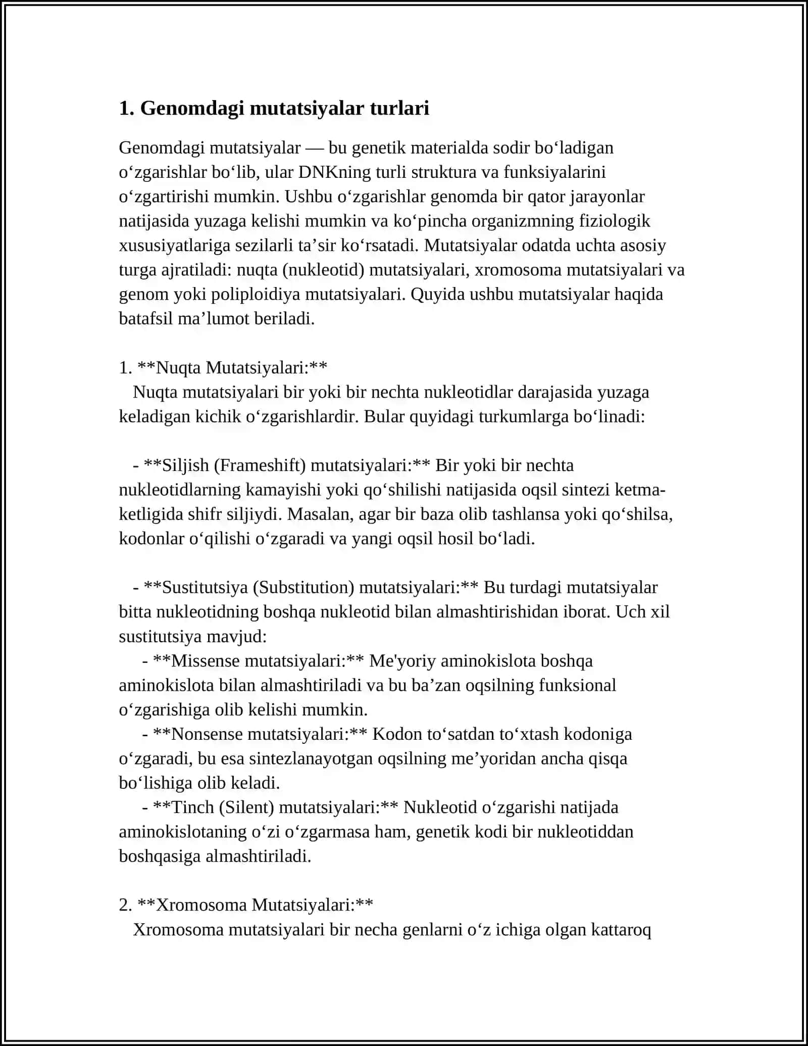 GEN YOKI NOʻXATLI MUTATSIYALAR. MUTATSIYA VA DNK REPARATSIYASINING MOLEKULYAR MEXANIZMLARI 3