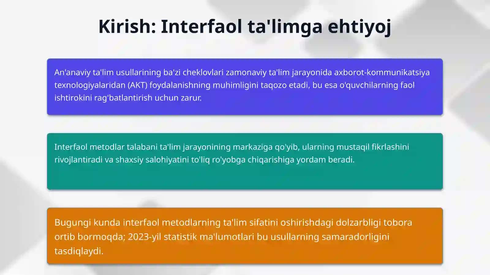 O'qitishda interfaol metodlardan foydalanish to'g'risida 3