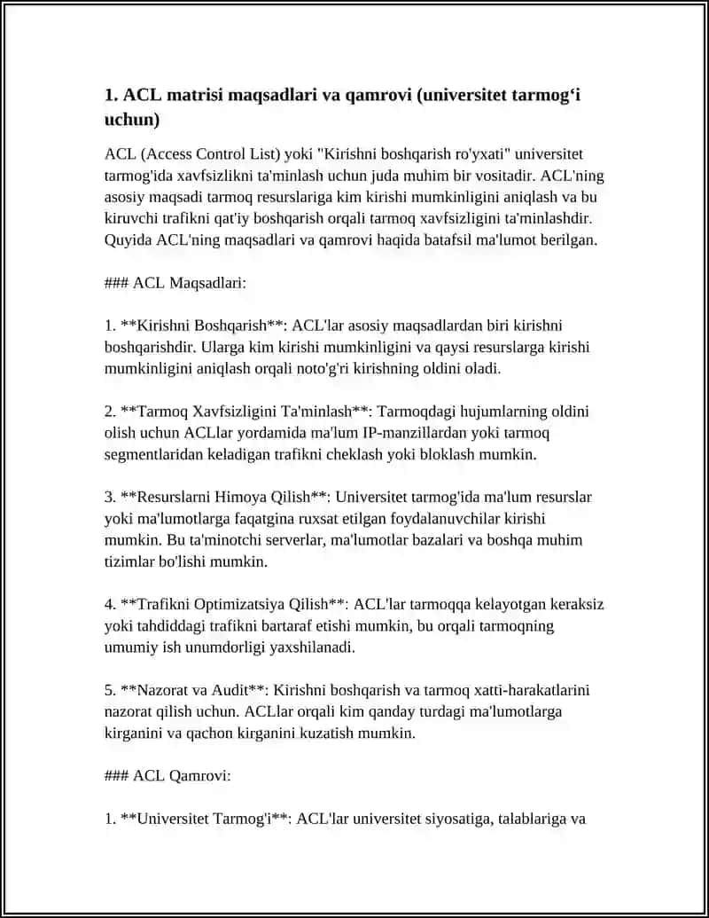 GIPOTETIK TASHKILOT (MASALAN, UNIVERSITET TARMOG' I) UCHUN KIRISHNI BOSHQARISH RO'YXATI (ACL) MATRITSASINI TUZING 3