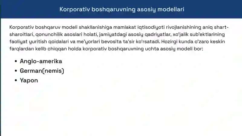 Tijorat banklarida korporativ boshqaruv modellari 3