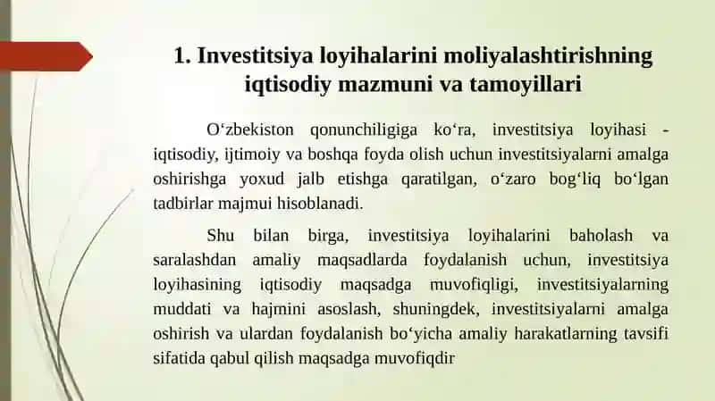 Investitsiyaloyihalarini moliyalashtirishning mazmuni va mohiyati 3
