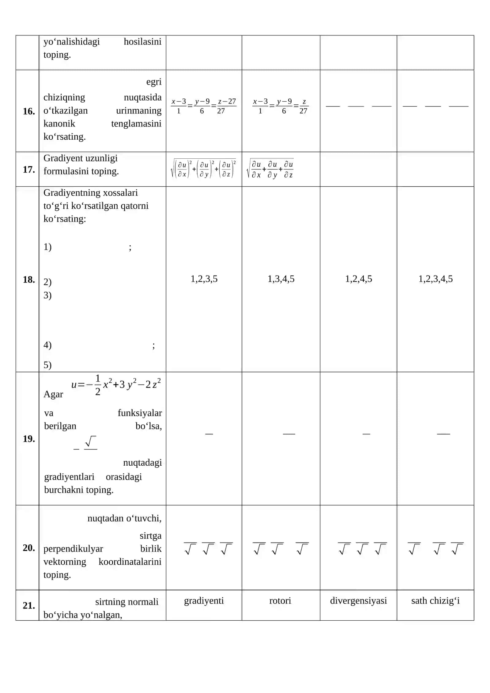 Skalyar maydon va gradiyentga oid test savollari 3