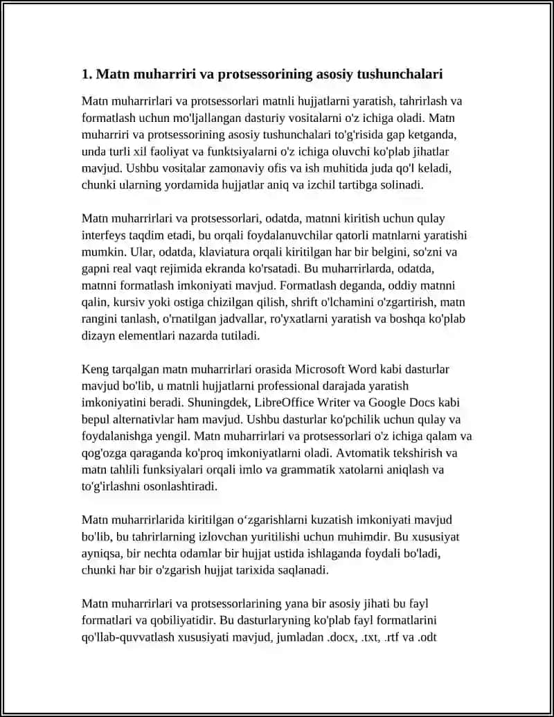 MATN MUHARRIRLARI VA PROTSESSORLARI. MATNLI HUJJATLARNI YARATISH, TAHRIRLASH VA FORMATLASH 3
