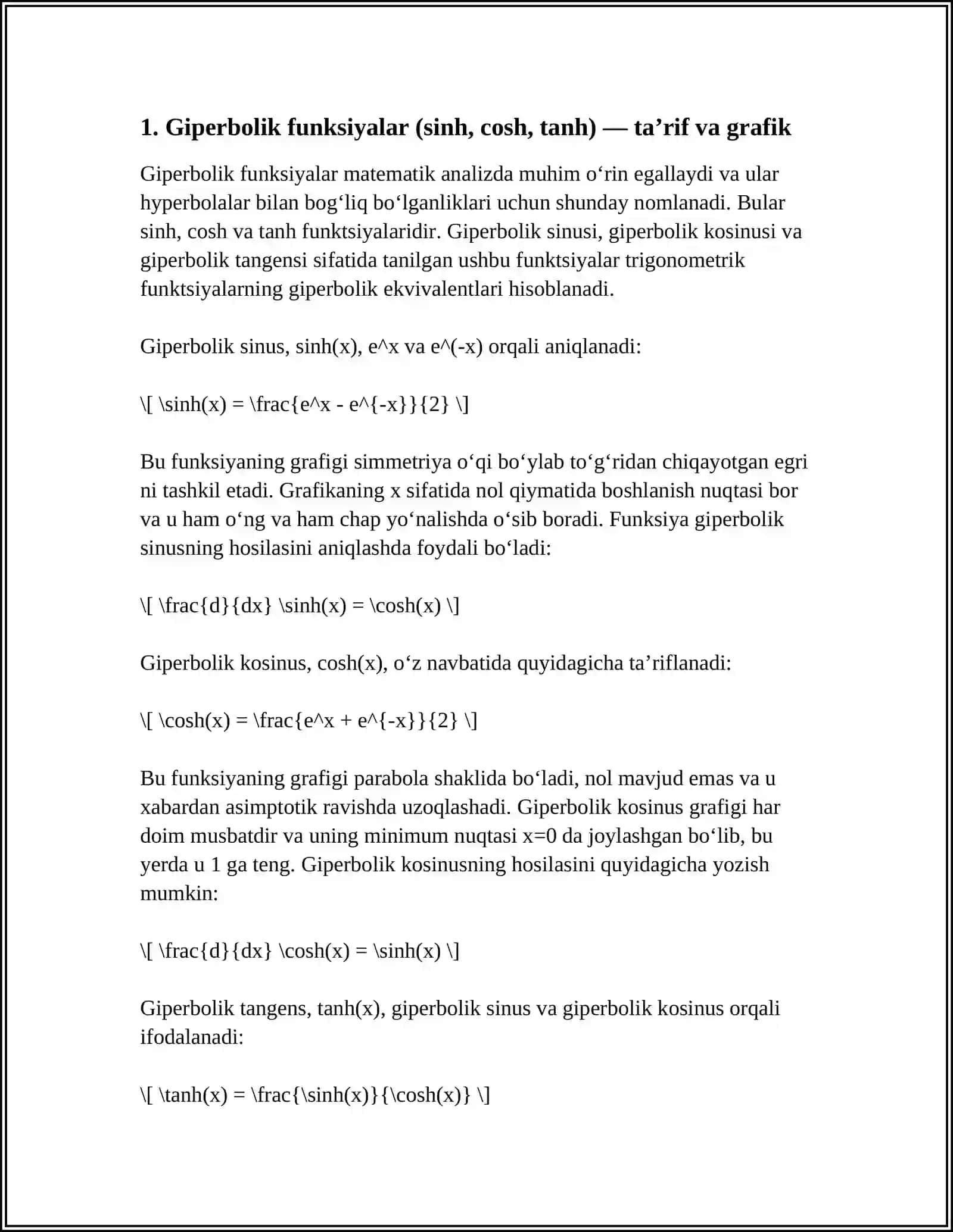 GIPERBOLIK VA TESKARI GIPERBOLIK FUNKSIYALAR. YOPIQ EGRI CHIZIQ BOʻYICHA OLINGAN INTEGRAL 3