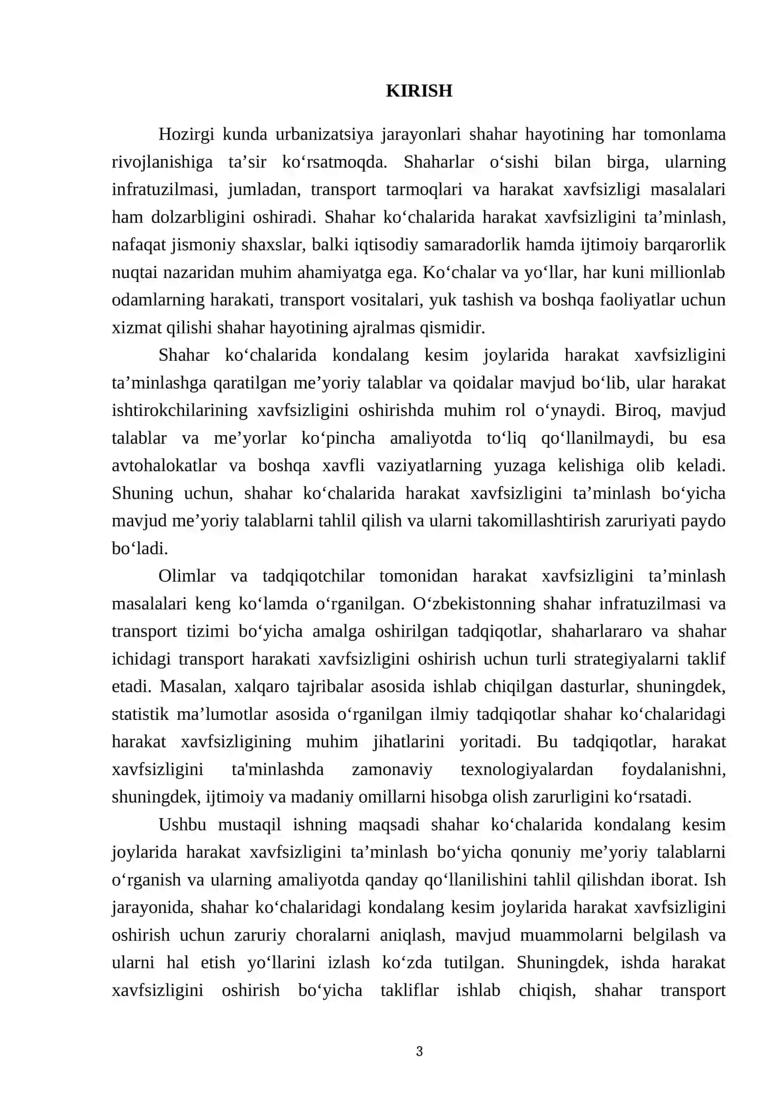 Shahar yollaridava koʻchalarida kondalang kesimga harakat xavsizligi boyicha qoyilgan meyoriy talablarni oʻrganish 3