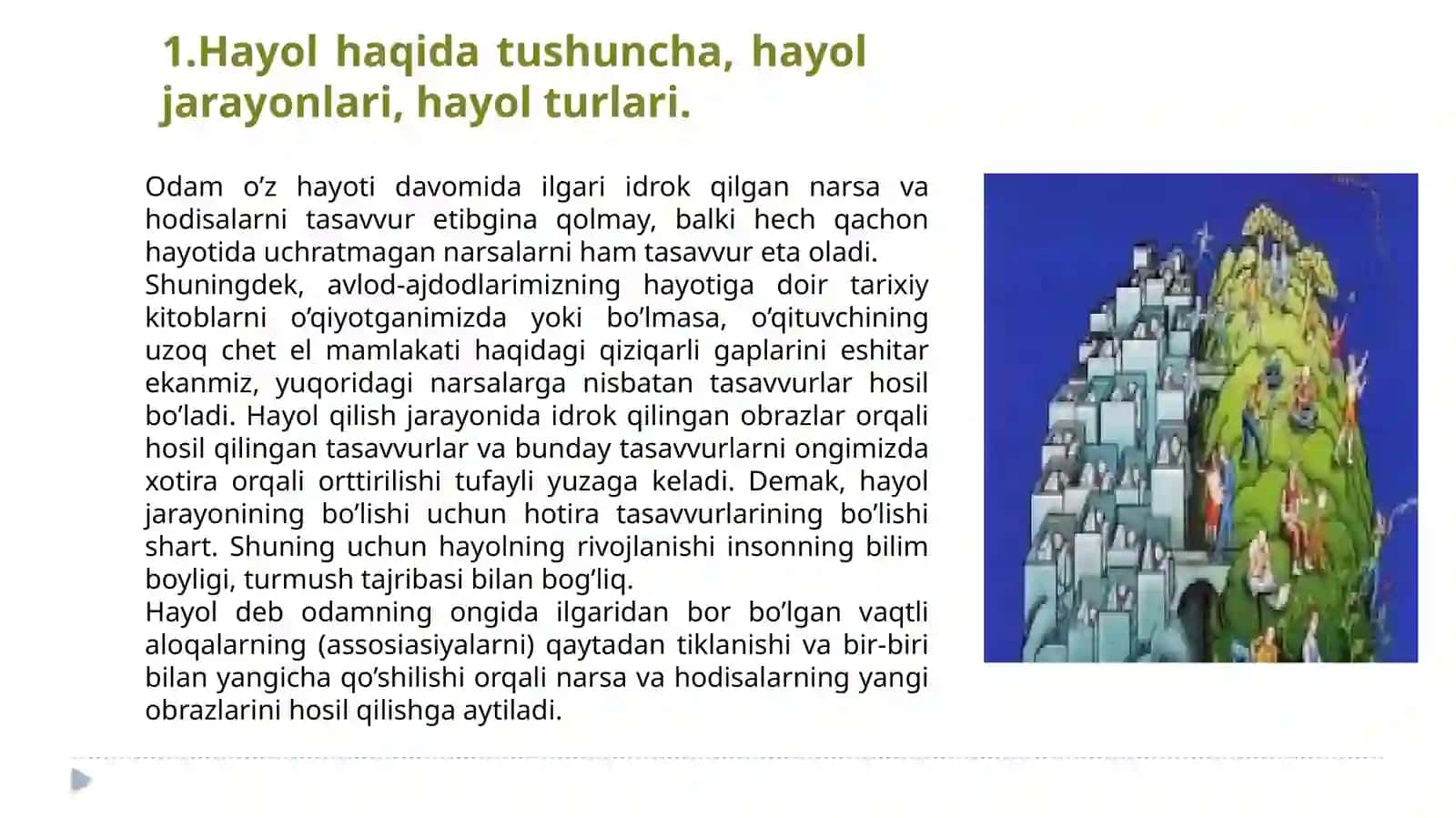 Hayol haqida tushuncha, hayol jarayonlari, hayol turlari 3