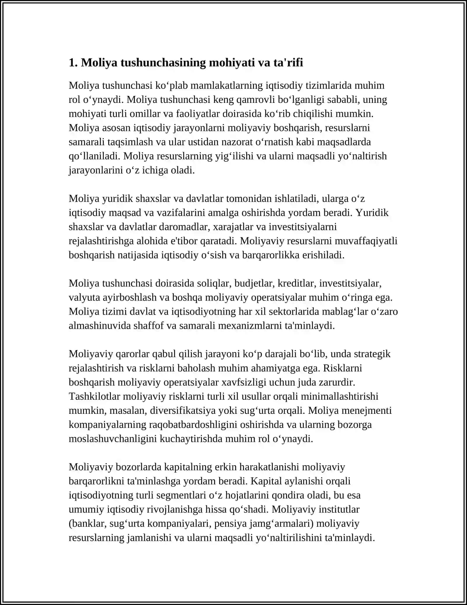 Moliya Tushunchasi va uning Biznesdagi Ahamiyati 3