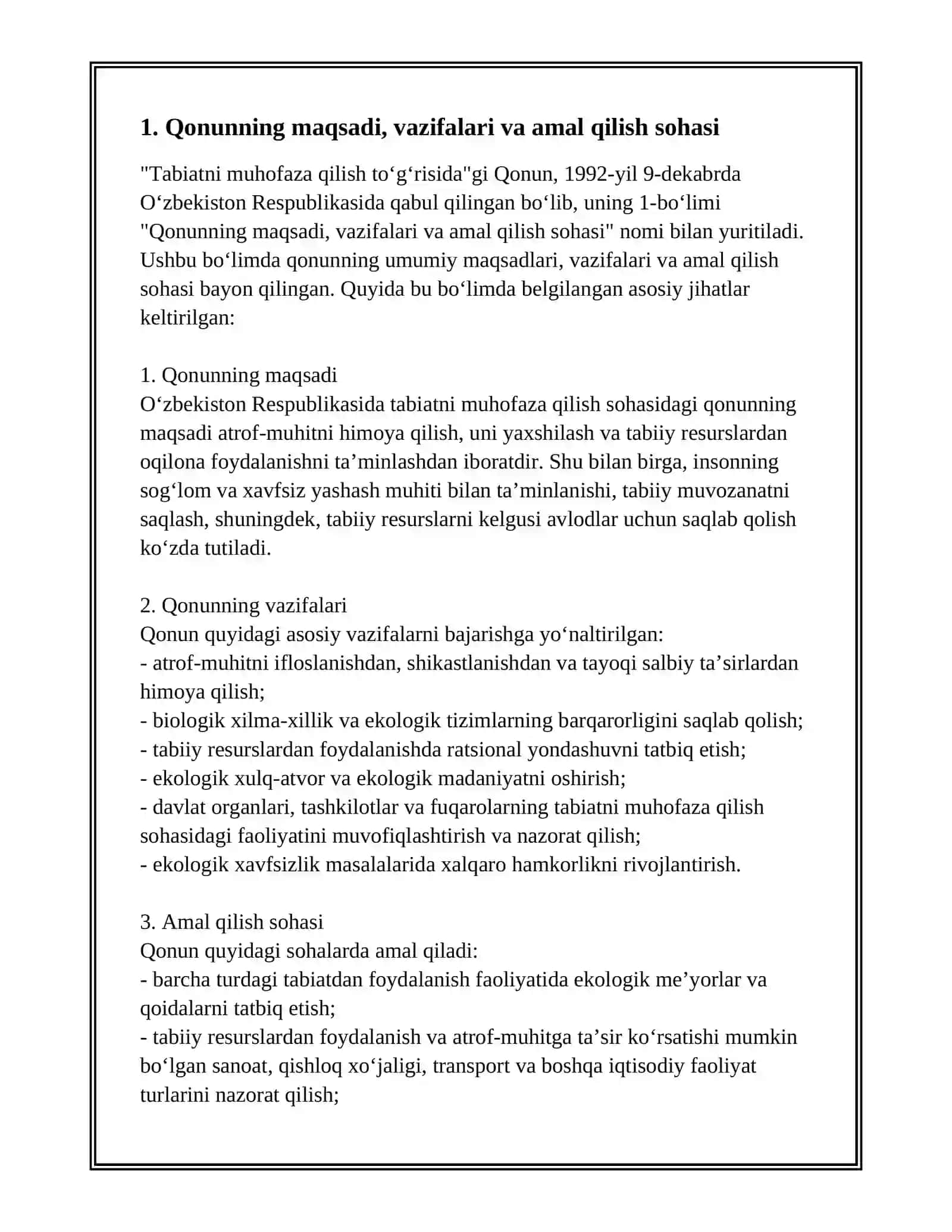 O'ZBEKISTON RESPUBLIKASI TABIYATNI MUXOFAZA QILISH TO'G'RISIDAGI QONUNI 09 12 1992 3