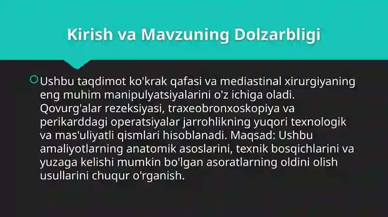 Qovurg'alar reaksiya qilish texnikasi Kekirdak intubatsiyasi. Traxeo-, bronxoskopiya Perikardilarda operatsiyalar 3