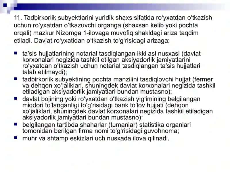 Tadbirkorlik faoliyatini tashkil etish uchun ro‘yxatdan o‘tkazish tartibotlari 3