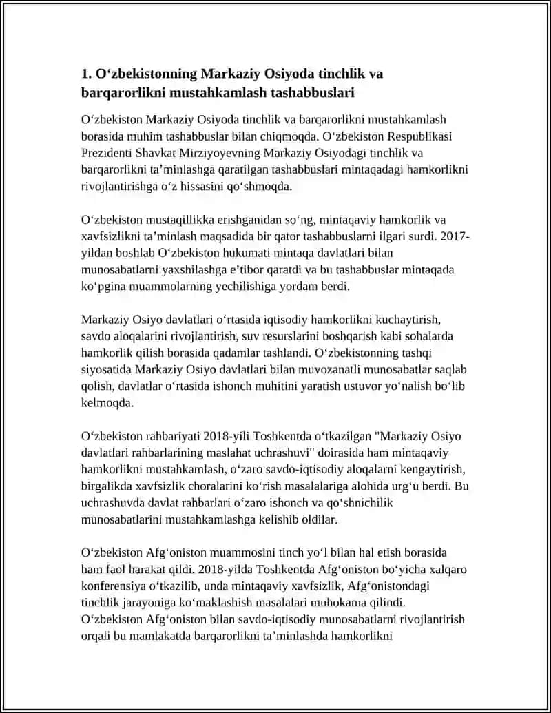 O'ZBEKISTONNING MARKAZIY OSIYO TINCHLIK VA BARQARORLIKDAGI TAMINLASH O'RNI 3