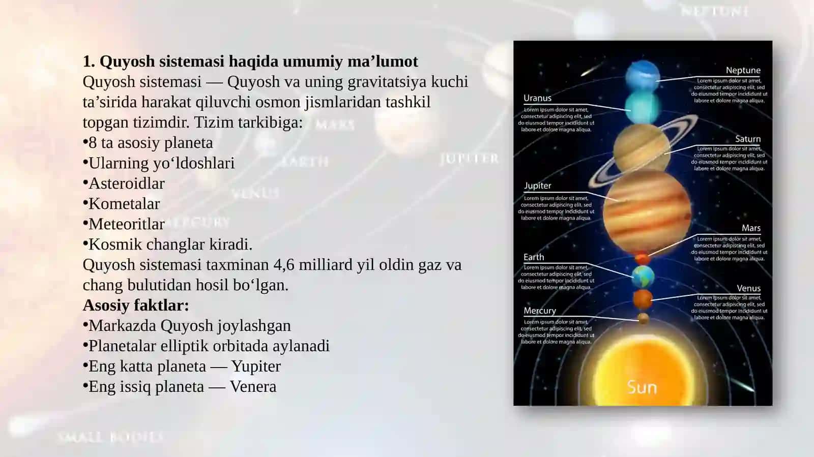 Quyosh sistemasining tuzilishi va osmon jismlarining harakati bobini o'qitish metodikasi 3