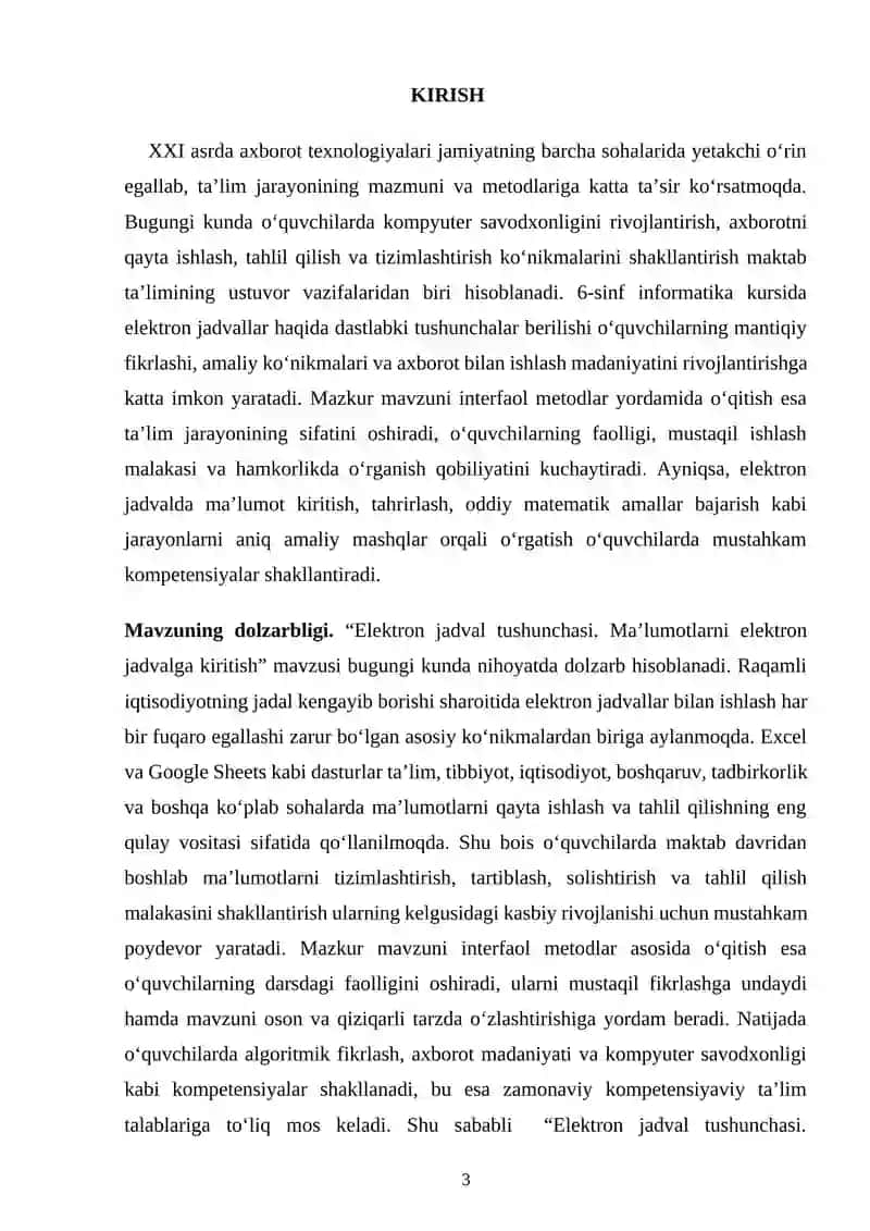 Umumiy o‘rta ta’lim maktablarining 6-sinfda informatika va AT fanidan Elektron jadval tushunchasi. Ma’lumotlarni elektron jadvalga kiritish mavzusini o‘qitishda interfaol metodlardan foydalanish 3