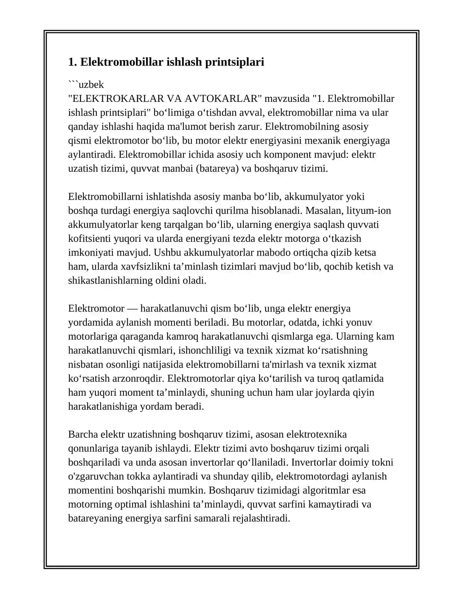 ELEKTROKARLAR VA AVTOKARLAR: Elektromobillar ishlash printsiplari 3