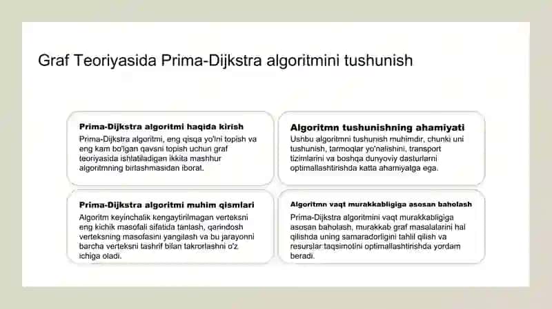 Algortimlarni loyihalash fanidan taqdimot | Prima-Deykstra algoritmi. Uni vaqt bo’yicha baholash 3