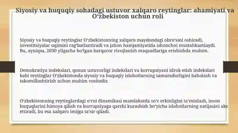 Siyosiy va Huquqiy Sohadagi Ustuvor Xalqaro Reytinglar va Ularga O'zbekistonning Integrallashuvi 3
