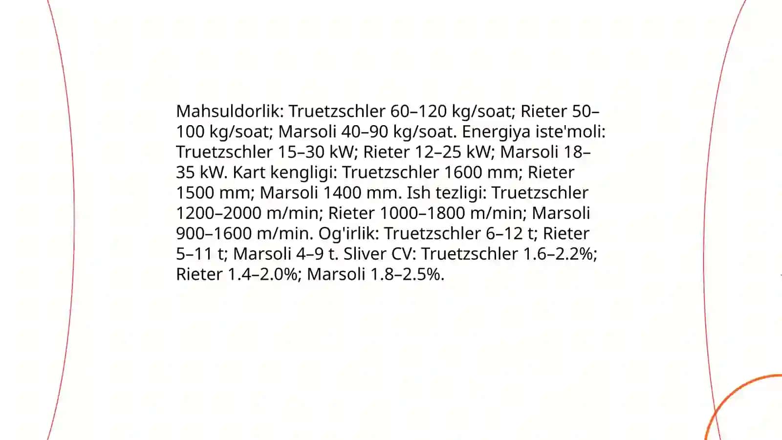 Truetzschler, Rieter va Marsoli piltalash mashinalari qiyosiy tahlili 3