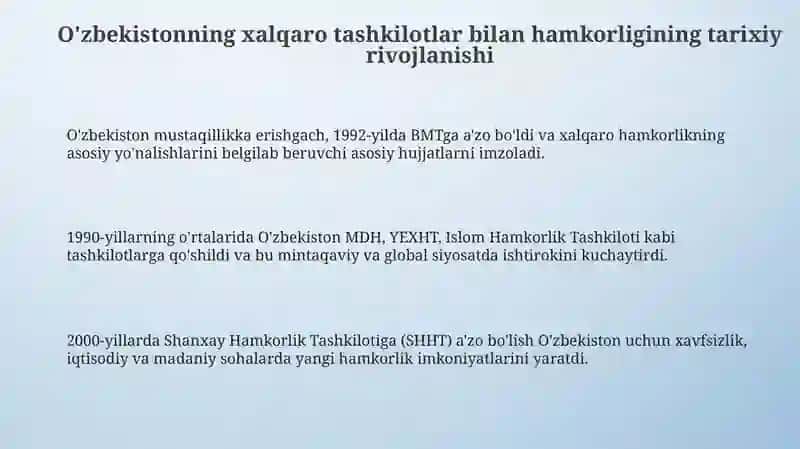 O'zbekistonning xalqaro tashkilotlar bilan hamkorligi 3